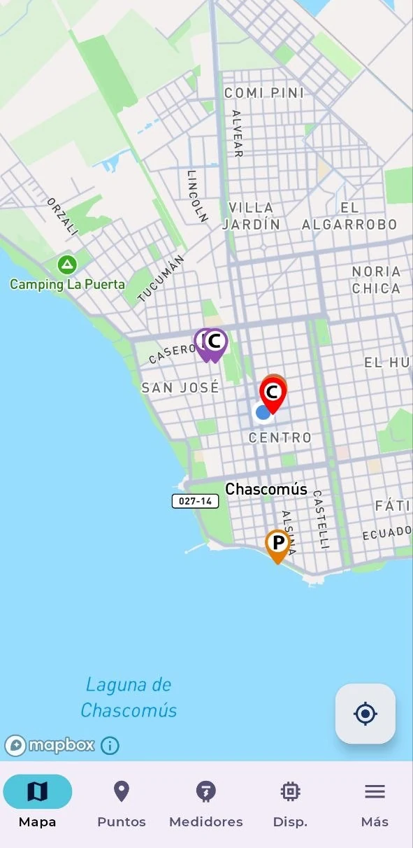 App móvil de INSIDEht: mapa de dispositivos en campo, con acceso a puntos, medidores y dispositivos